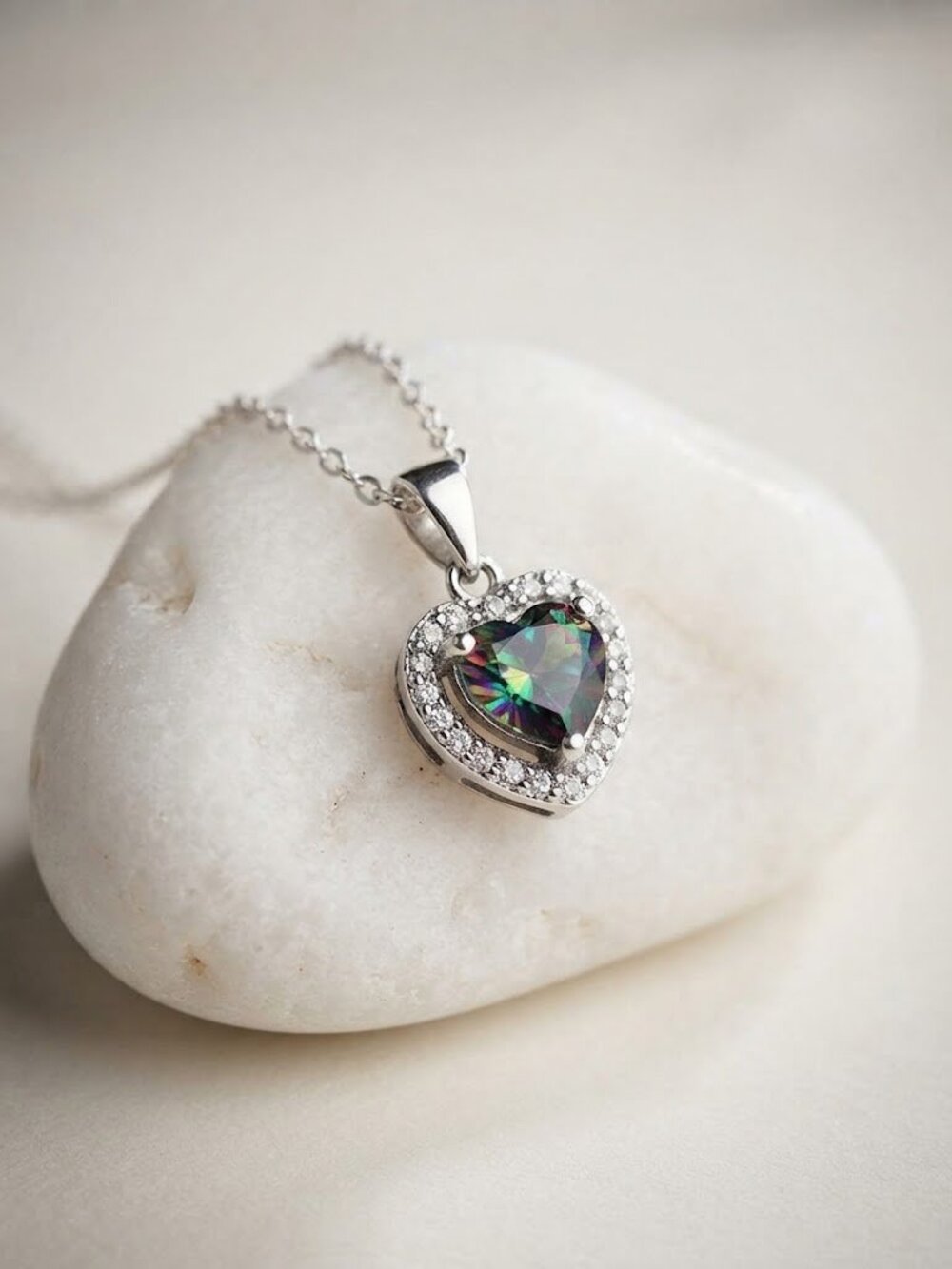 🆕 Mystic Topaz with Cz Halo pendant Necklace in Sterling Silver Heart
